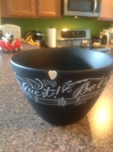 Be Our Guest Bowl I ordered online that arrived damaged in the mail with a heart-shaped chip!