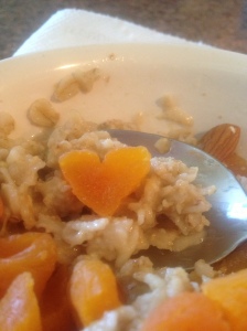 Apricot heart found unexpectedly in my bowl of oatmeal.